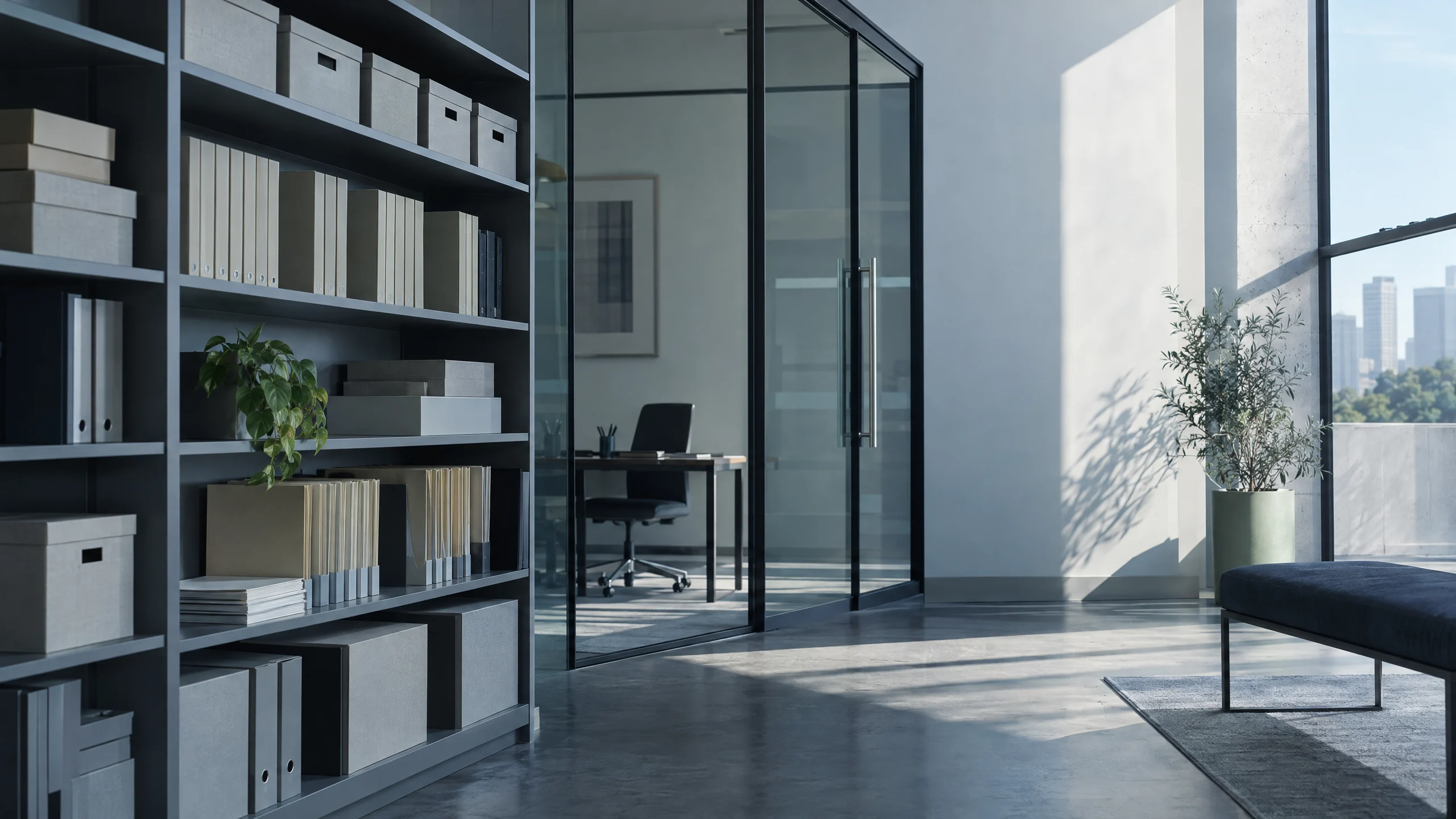 Quiet archive shelving and a glass-walled private office